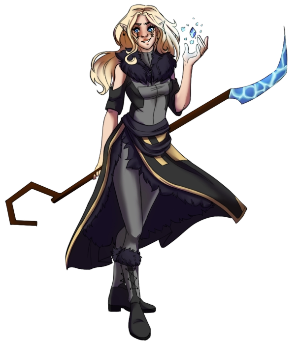 A pale blonde elven woman wearing a dark outfit holding a shepards crook ending in a blade of ice.